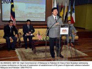 ISLAMABAD, MAY 02: High Commissioner of Malaysia to Pakistan Dr Hasrul Sani Mujtabar addressing a press conference on the eve of celebration of establishment of 60 years of diplomatic relations between Malaysia and Pakistan. DNA PHOTO